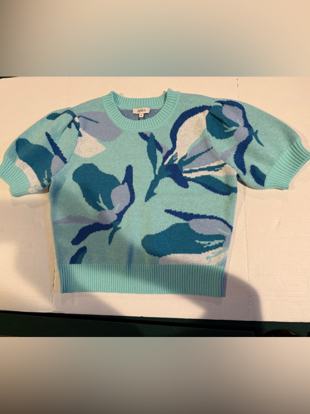Aqua Floral Knit Short-Sleeve Sweater NWT